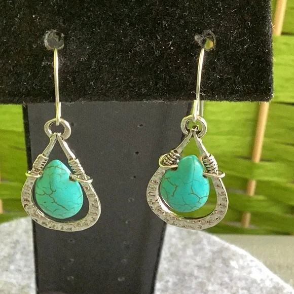 Silver and Turquoise Teardrop Earrings - Picture 2 of 5